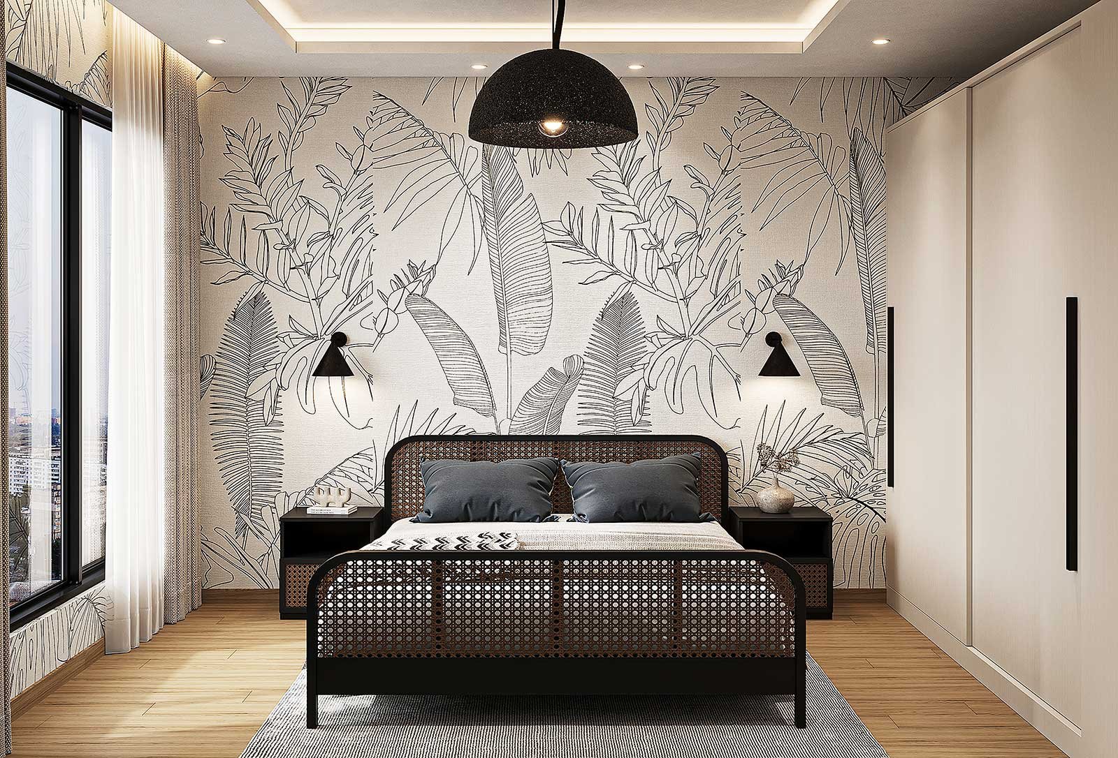 Guest bedroom with botanical wallpaper