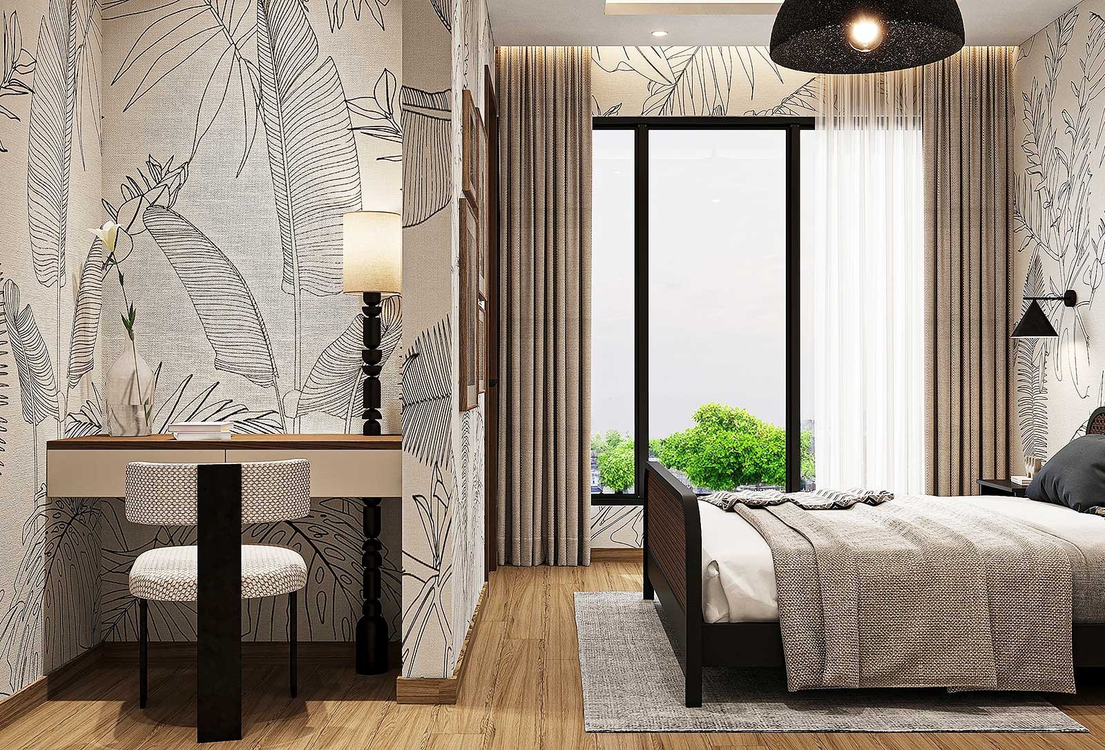 Guest bedroom with desk and garden view