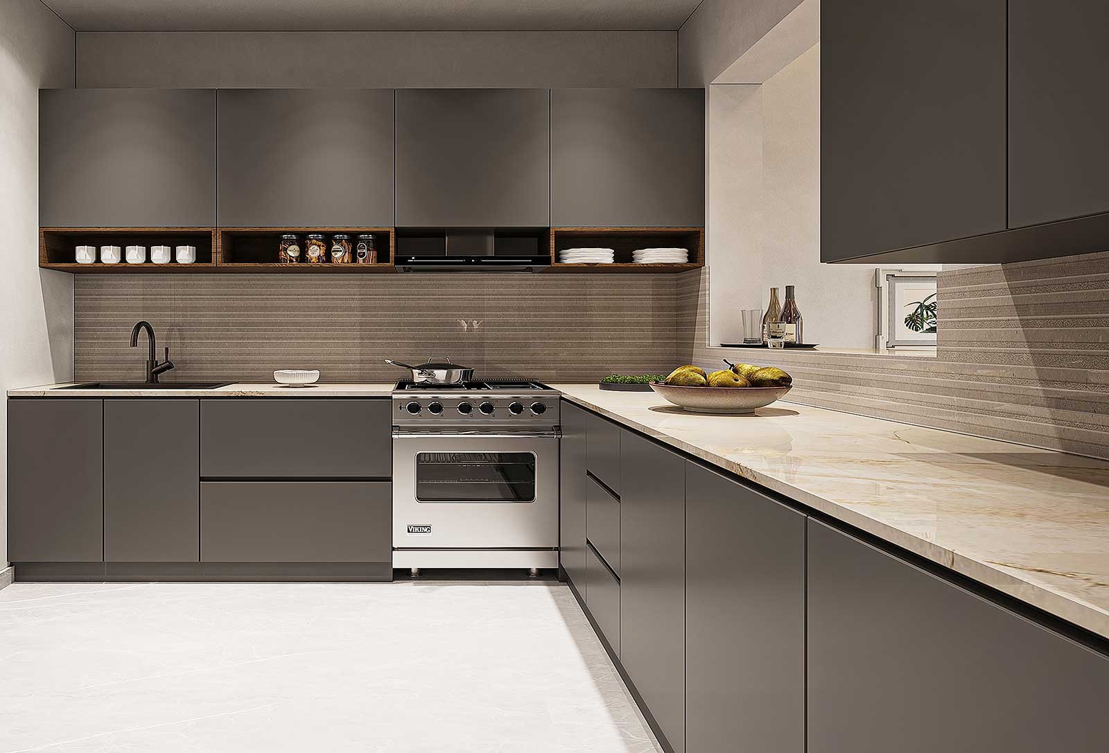 Gourmet kitchen with marble countertops