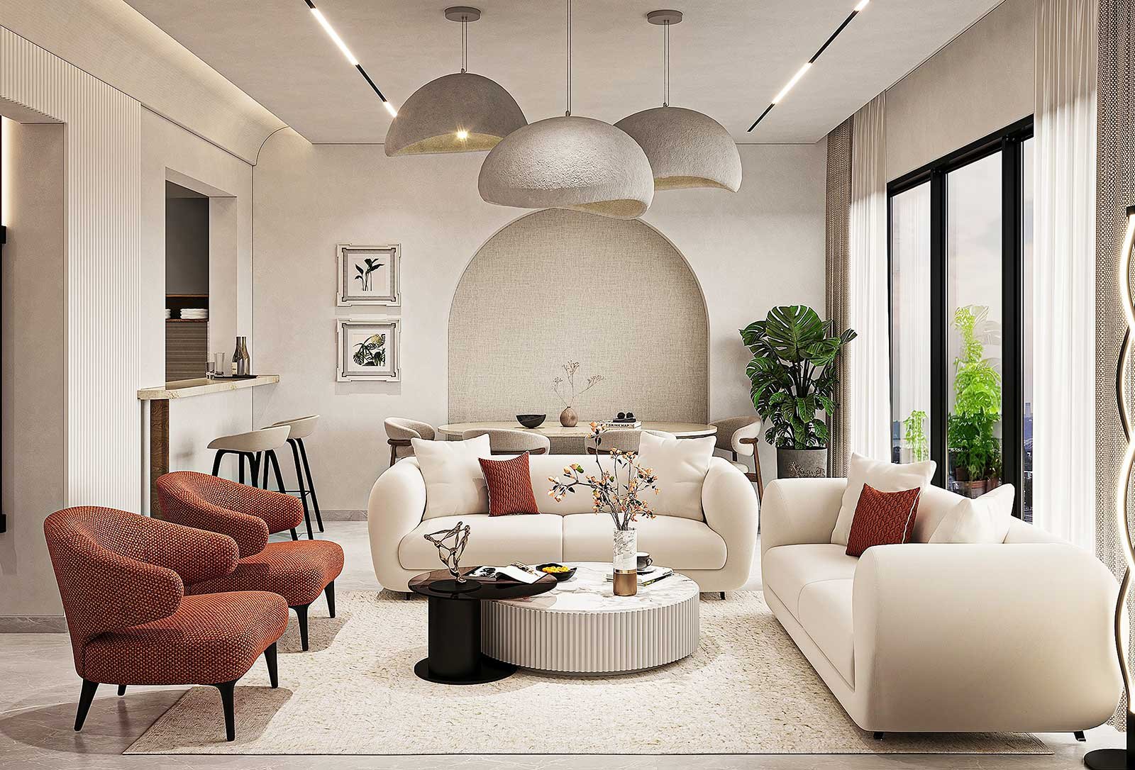 Designer living area with premium furnishings and pendant lighting