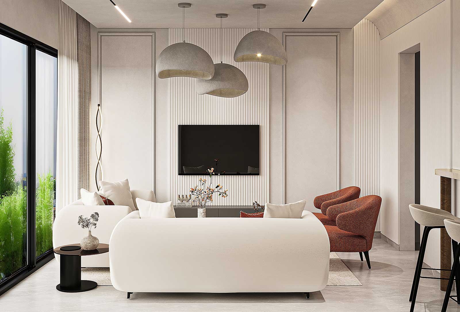 Living room with TV wall and designer furniture