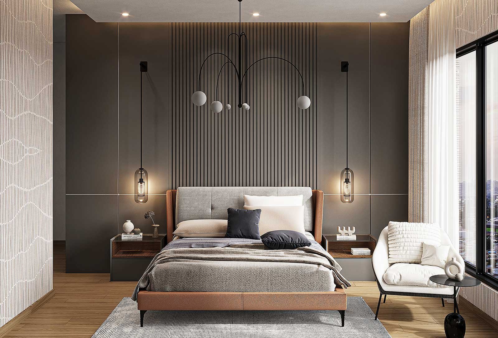 Designer master bedroom with pendant chandelier